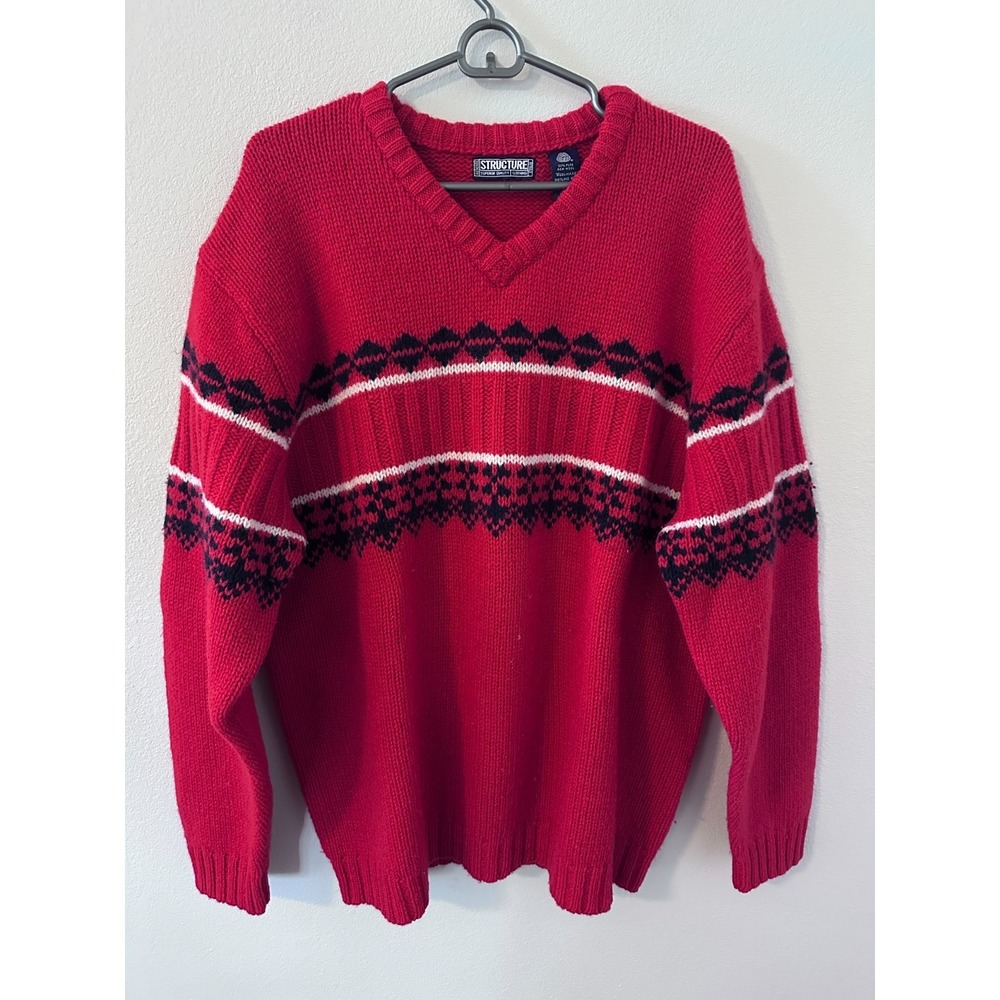 Vintage STRUCTURE 100% Pure New Wool Sweater Men's Sz XL Red V Neck